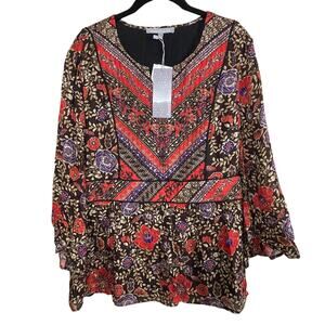 NWT Daniel Rainn L Brown Red Floral Knit Top – Quilted Detail‎ Peplum Boho Chic